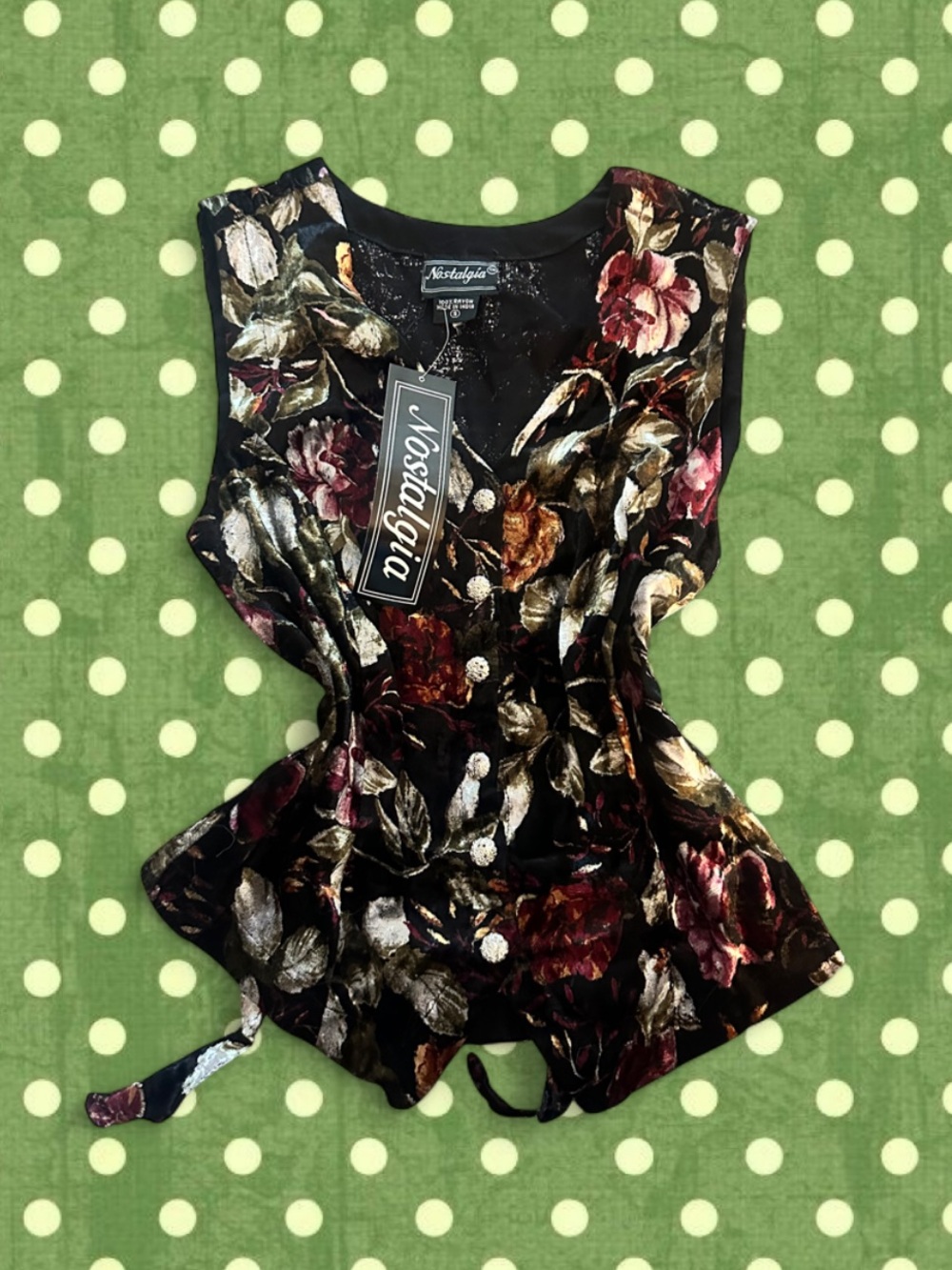 Vintage Nostalgia Floral Velvet Peplum Sleeveless Top - Black/Multi
